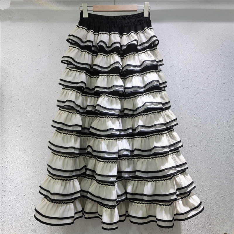 Màu Sắc Tương Phản Bên Gạc Bánh Váy Ngọt Pháp Chữ a Pettiskirt Eo Cao Ôm Hơn Nhìn Bao Đáy Váy Giữa Chiều Dài