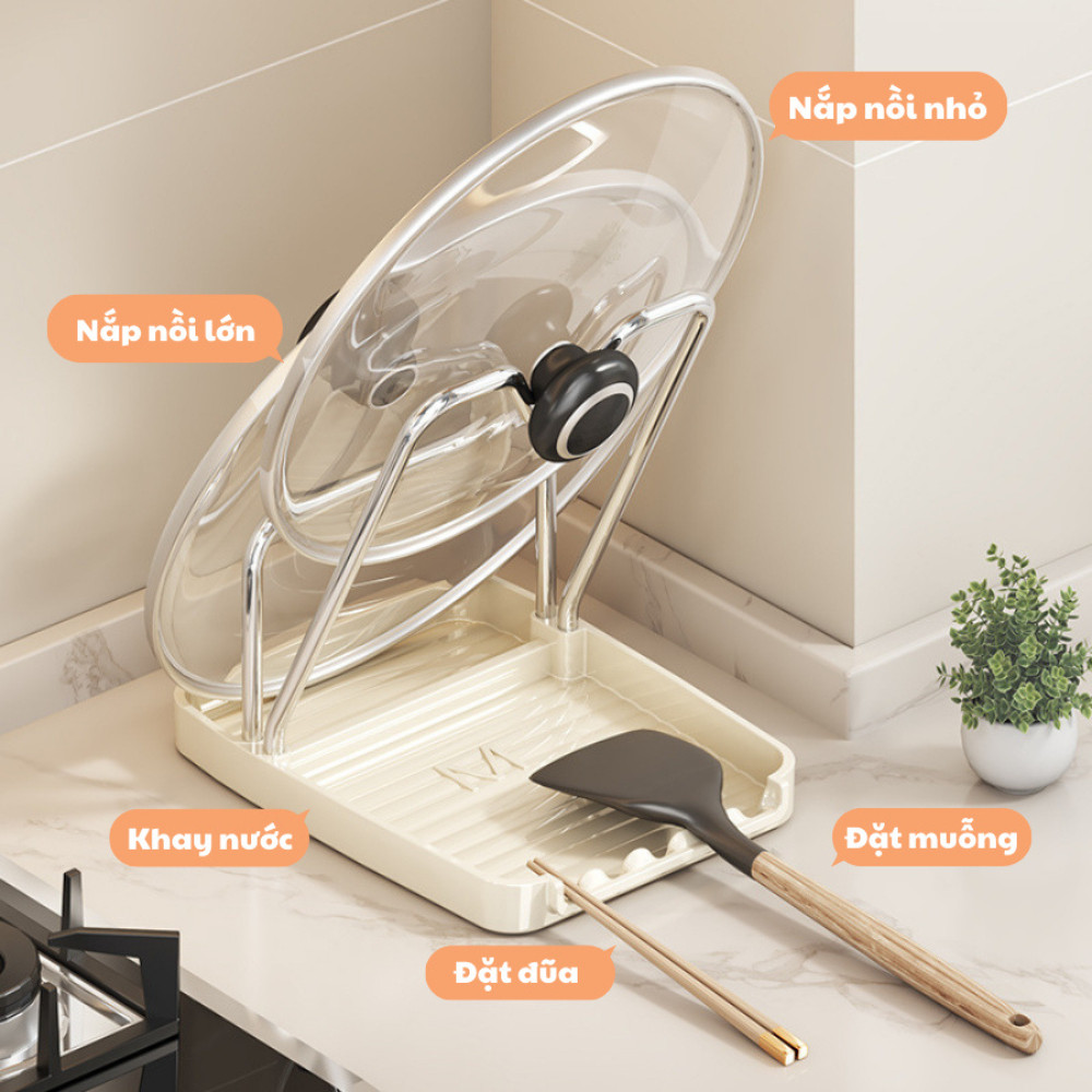 Kệ Để Nắp Nồi Khung Thép Kèm Khay Hứng Nước, Giá Để Vung Xoong Nồi Chịu Lực Để Bàn Đa Năng