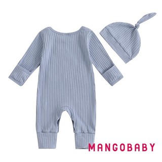 MG-Baby Boy Ribbed Romper Bộ áo liền quần dài tay thêu chữ thường ngày và bộ mũ cho trẻ sơ sinh Trang phục mùa thu cho trẻ mới biết đi