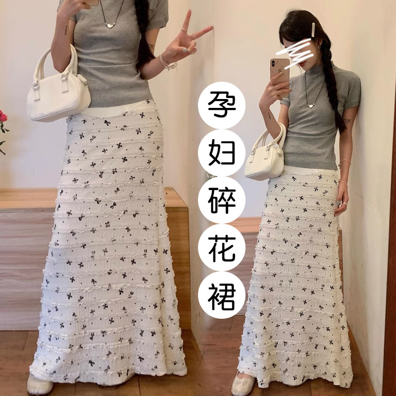 Váy bà bầu mùa hè Phong cách mới nơ ren in hình váy đuôi cá