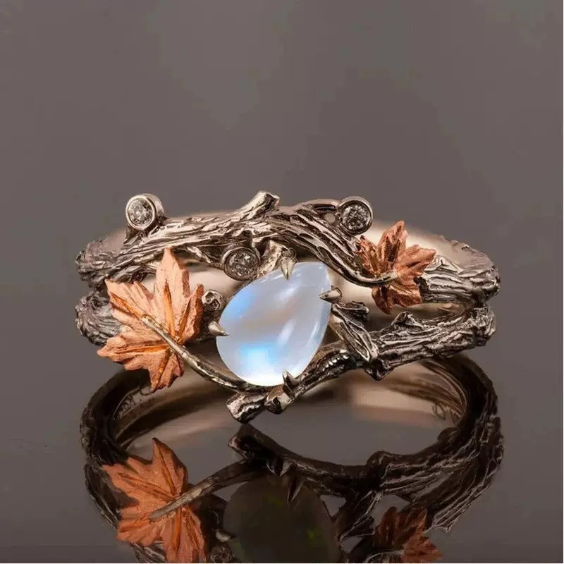 Nhẫn nữ thời trang mới sang trọng nhẹ nhàng retro vàng lá phong opal