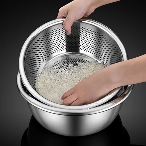Bộ thau rổ inox 304 vo gạo, rửa rau củ quả tiện lợi, Chậu kèm rổ inox ...
