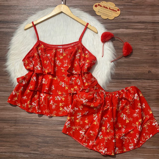 Set bộ đồ ngủ 2 dây 3 tầng bèo vải lụa hàn mềm mại họa tiết dễ thương .