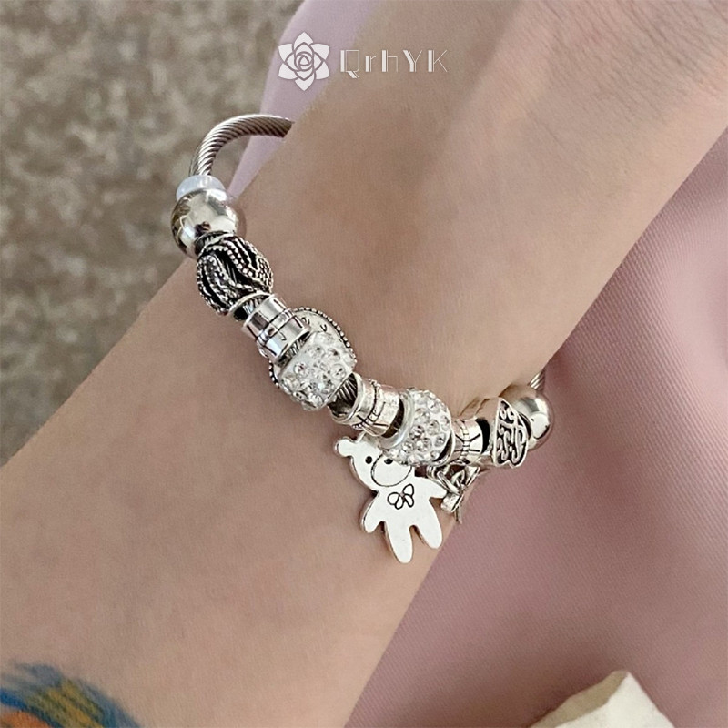 Qrhyk Cổ Đính Hạt Charm Vòng Tay Gấu Mặt Dây Chuyền Trái Tim Tình Yêu Có Thể Điều Chỉnh Vòng Tay Nữ DIY Trang Sức Quà Tặng Mới