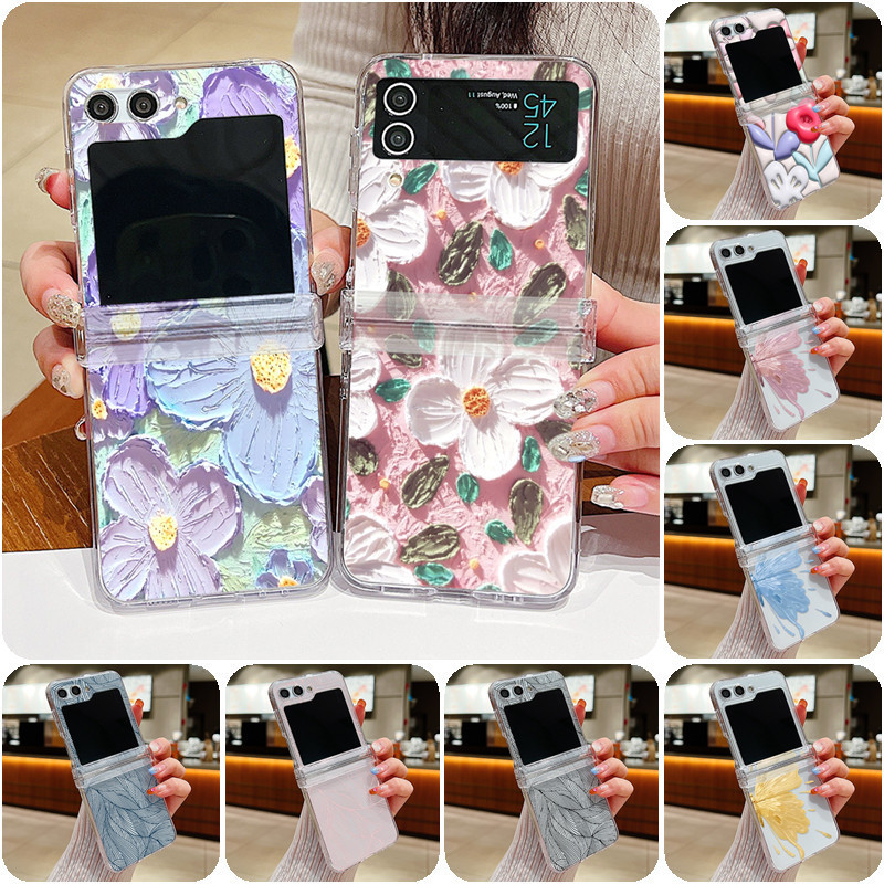 Hoa Lá Hoa Họa Tiết Trong Suốt Vỏ Điện Thoại Cho Samsung Galaxy Z Flip5 Flip4 Flip3 Full Bản Lề Cứng Trong Suốt Gấp Ốp Lưng Cho Samsung Z Flip 5 4 3