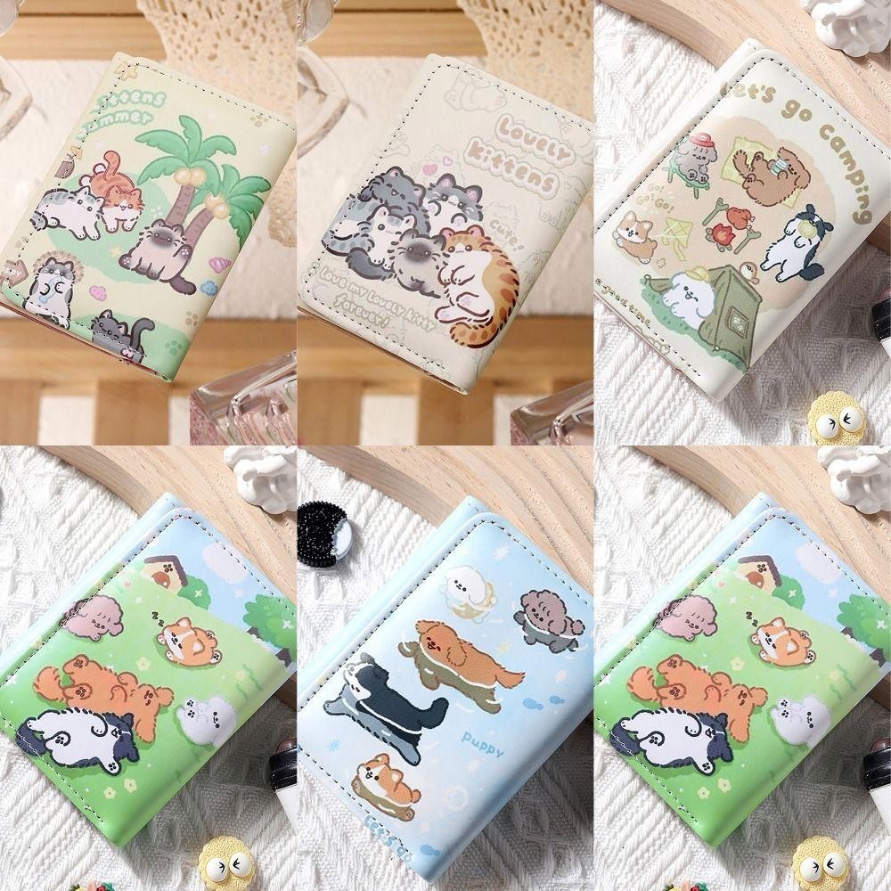 SNUGHOUSE Ví Đựng Tiền Xu, 3 Gấp Da PU Thẻ Tín Dụng Holoder, Vintage Dễ Thương Mèo Con Chó INS Phong Cách Ví Đựng Thẻ Cho Bé Gái Học Sinh Quà Tặng