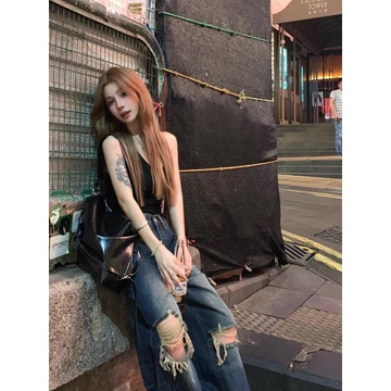 Phong Cách Hàn Quốc Cao Cấp Ôm Hơn Nhìn Đau Khổ Retro Denim Quần Rách Denim Quần Rộng Quần Jean Quần Thẳng Quần Sàn Quần Nữ Quần Dài