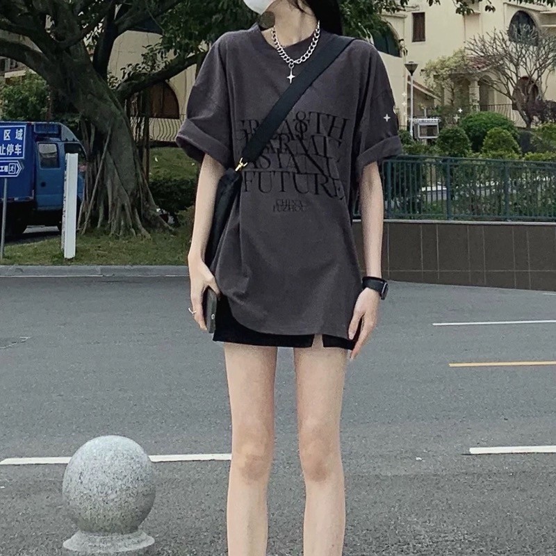 Suxi Retro In Hình Thời Trang Rời Và Thường Ngày Mùa Hè Mới Cổ Tròn Áo Thun Nữ Tay Ngắn 240623