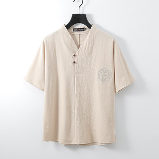 Áo thun nam mùa hè tay ngắn cỡ lớn, nút ếch Trung Quốc, cotton lanh, cổ chữ V, phong cách retro thời thượng
