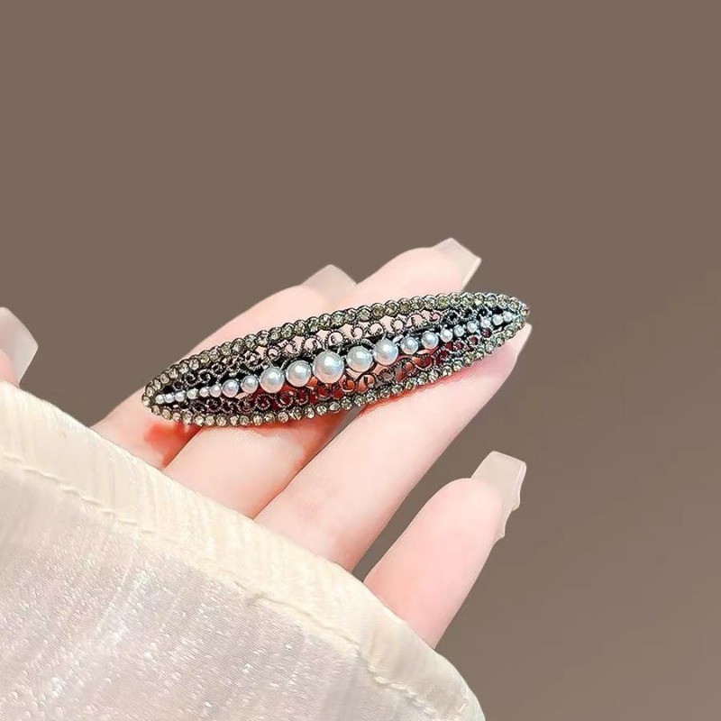 Mauropoli Kẹp tóc kim cương giả ngọc trai cao cấp phong cách retro Trung Hoa, đầu lưng nửa mùa xuân