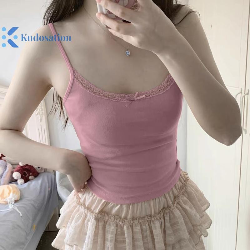 Kudosation Mùa Hè Nữ Nơ Ngọt Ngào Ren Bảng Màu Trơn Không Tay Ôm Cami Có Miếng Lót Ngực Đẹp