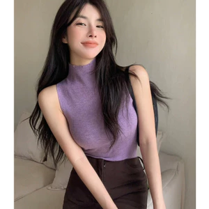 Suxi - Áo thun dệt kim không tay cổ cao đa năng và vừa vặn, giản dị và ngọt ngào mùa hè mới, hàng đầu dành cho nữ 240419