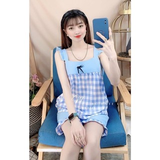 Set đồ bộ ngủ đùi cánh tiên vải lụa hàn họa tiết caro siêu xinh freesize dưới 57kg .
