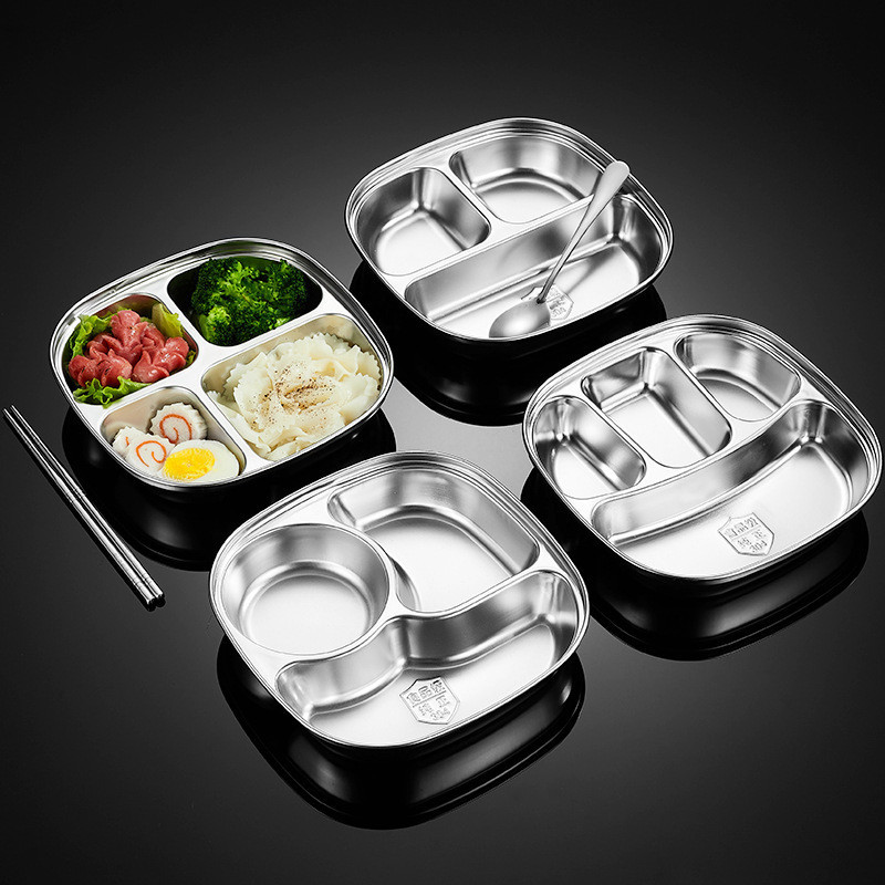 Thép không gỉ 304 Đĩa ăn tròn Lưới Đĩa thức ăn nhanh Tấm lưới Tấm định lượng Tấm lưới tròn Đĩa ăn tối cho trẻ em Hộp cơm trưa Hộp Bento tròn Hộp chia loại Hộp cơm trưa
