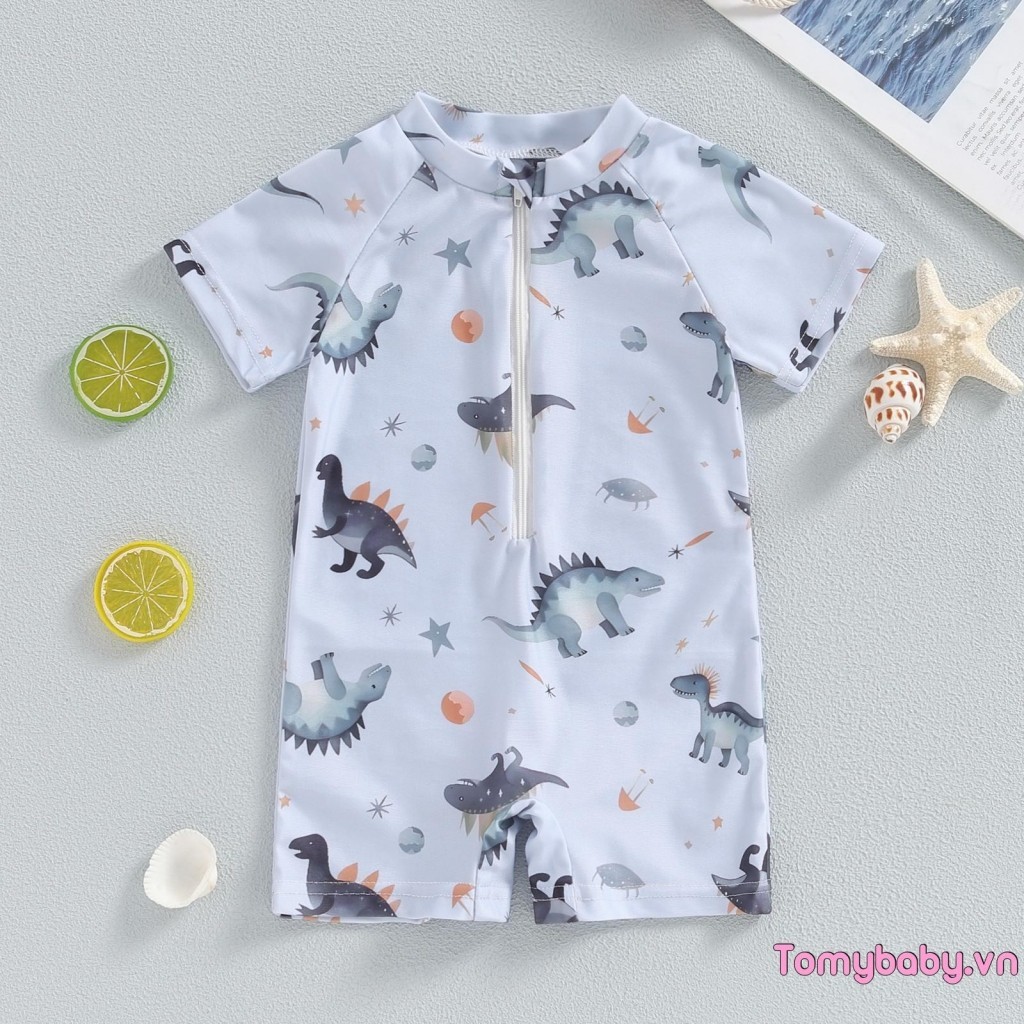 Bé Trai Khủng Long Đồ Bơi Cổ Tròn Nửa Zip Lên Tay Ngắn Rash Guard Bộ Đồ Tắm Cho Đi Biển