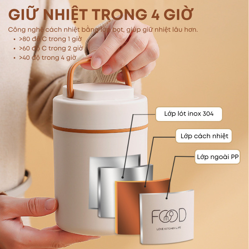 Cốc Đựng Canh, Bình Đựng Cháo Inox 304 Giữ Nhiệt 520ml, Chống Rò Rỉ Thế Hệ Mới Tặng Thìa Gấp Gọn Tiện Dụng | 249