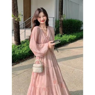 S-2XL Đầm Size Lớn Nữ Voan Một Mảnh Đầm Siêu Cổ Chữ v Đầm Dài Tay Phiên Bản Hàn Quốc Đầm Mùa Hè Đầm Hoa Rất Cổ Tích Đầm Dài Màu Hồng Ngọt Ngào Đầm Dài Phong Cách Mỏng Đầm Một Mảnh