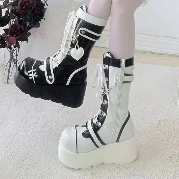 Giày Bốt Đế Dày Phong Cách Mới Punk Xe Máy Đế Dày Giữa Ống Giày Nữ Châu Âu Mỹ Dễ Thương Hot Girl Xe Máy Giày