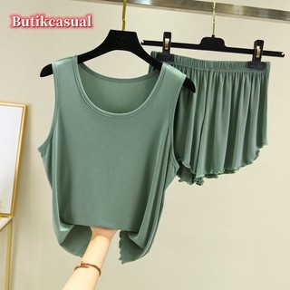 Phụ Nữ Xe Tăng Quần Bộ Đồ Ngủ 2 Bộ Mùa Hè Mỏng Trơn Rời Phù Hợp Với Kích Thước Lớn