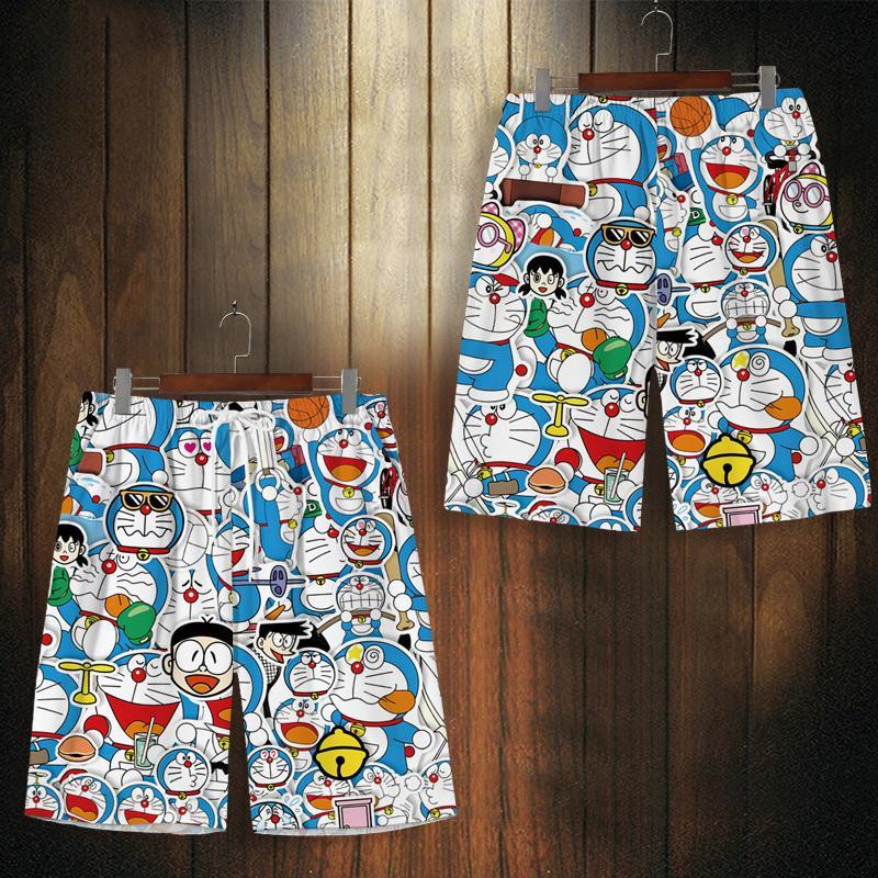 Quần short Doraemon mùa hè rộng rãi, kích thước lớn, nhanh khô, thoáng khí, quần bãi biển in hoa hoạt hình, quần bãi biển thoải mái
