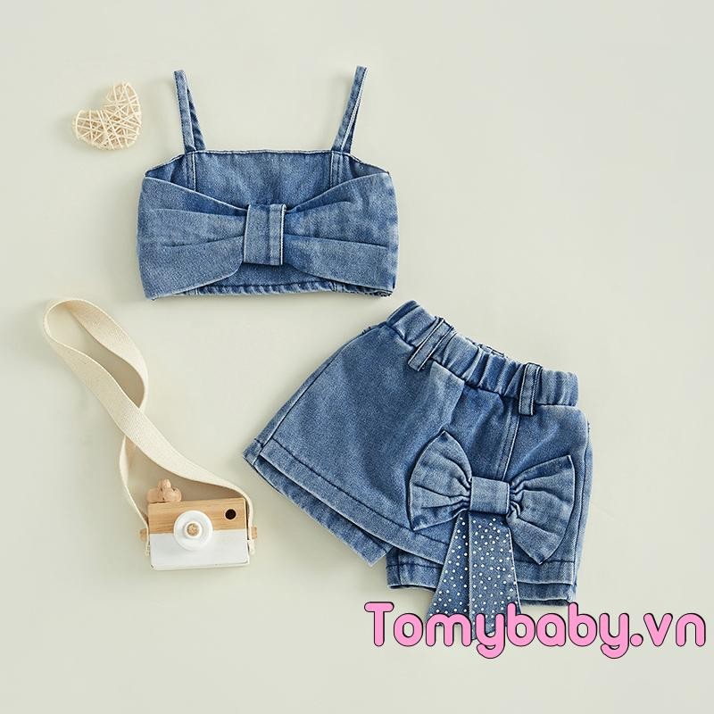 Bộ trang phục 2 món mùa hè cho bé gái Bộ Áo hai dây Denim cổ điển kèm quần short nơ