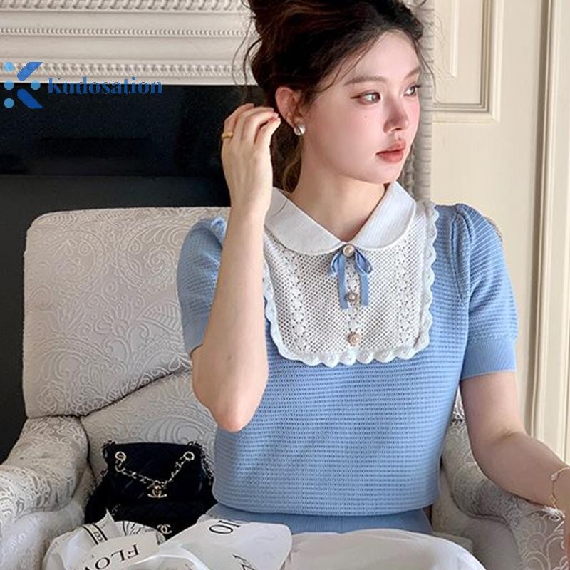 Kudosation Pháp Nơ Ngọt Ngào Cổ Búp Bê Tay Ngắn Chắp Vá Rỗng Cổ Dệt Kim Áo Thun Nữ Đẹp