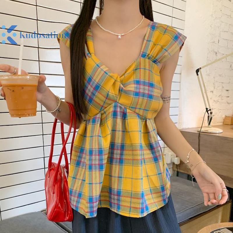 Kudosation Mùa Hè Nữ Retro Kẻ Sọc Hoa Cổ Vuông Không Tay Dễ Thương Thường Ngày Xe Tăng Top Đẹp