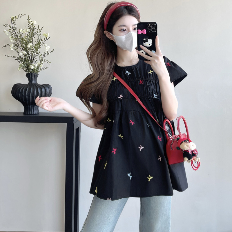 Trang phục bà bầu mùa hè Mới đầy màu sắc thêu nơ áo sơ mi bé tay ngắn