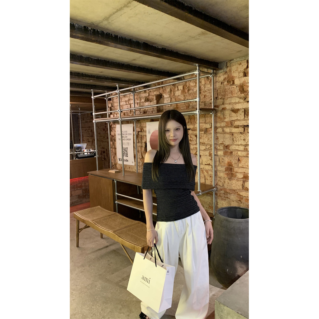 Suxi Gợi Cảm Tắt Vai Thời Trang Crop Top Đơn Giản Retro Sọc Áo Thun Nữ Tay Ngắn 240416