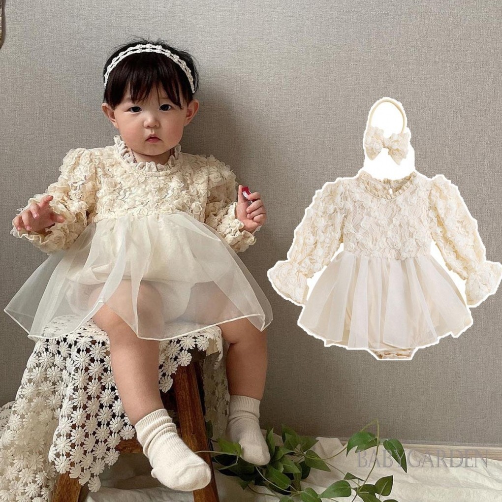 Baga-baby Bé Gái Mùa Thu Áo Liền Quần Dài Tay Ren Hoa Tulle Chắp Vá Công Chúa Trẻ Sơ Sinh Romper Có Băng Đô