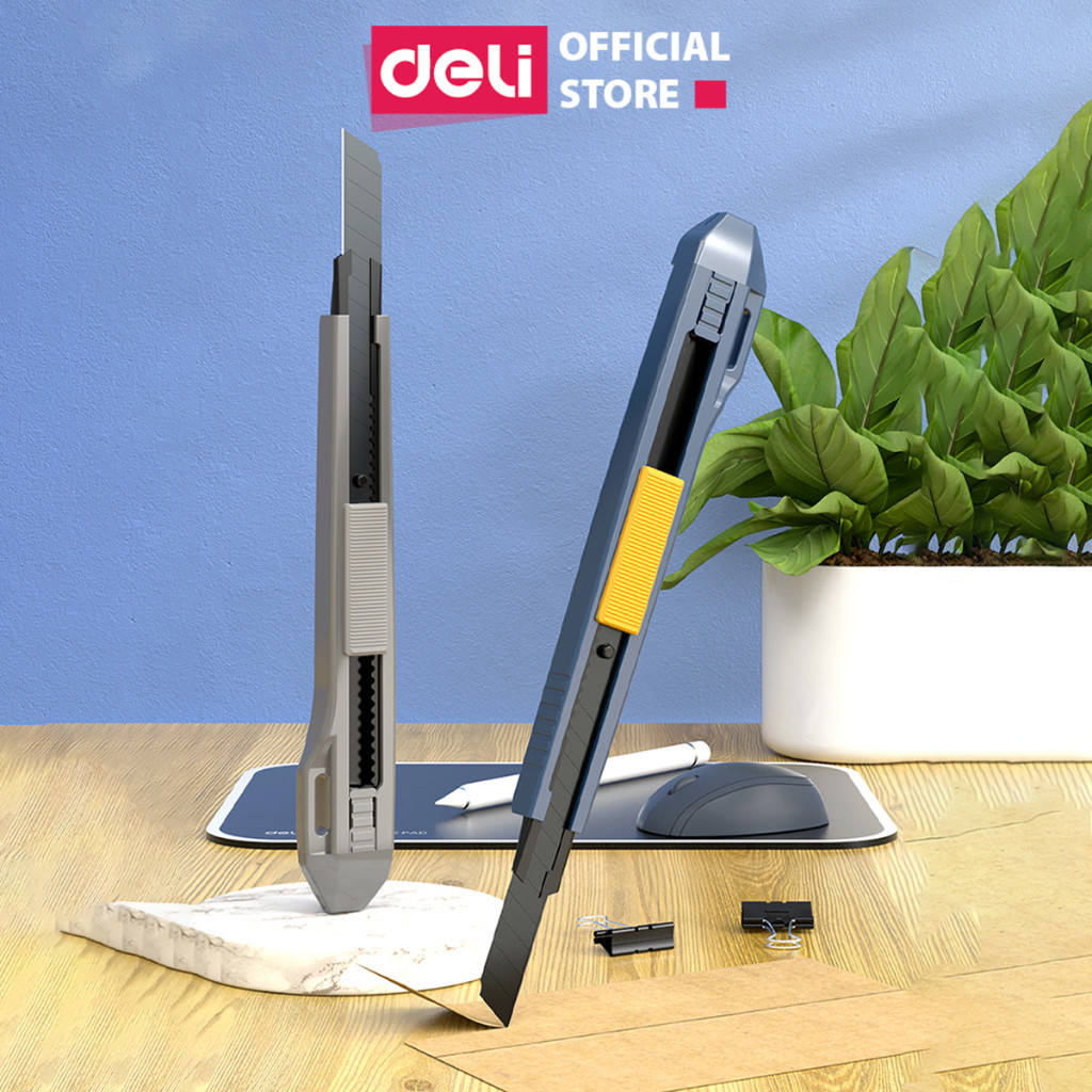Dao rọc giấy Deli cao cấp lưỡi thép không gỉ SK5 - Dao rọc mini bỏ túi kim loại tiện lợi văn phòng học sinh có móc treo
