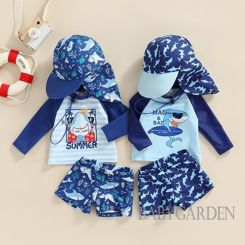 Baga-6tháng-4years Kid Boy 3 Bộ Đồ Bơi Hoạt Hình Sọc Cá Mập In Hình Mùa Hè Đi Biển Dài Tay Áo + Quần Short + Mũ Đi Biển