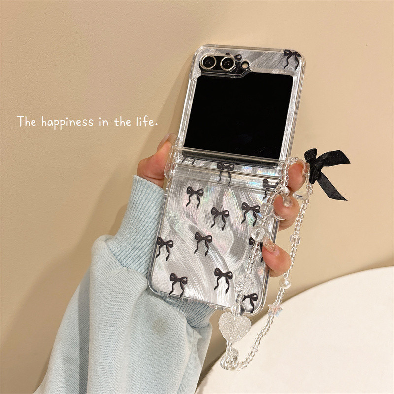 Hàn Quốc Nơ Dễ Thương Trong Suốt Z flip 5 flip 4 flip 3 Vỏ Điện Thoại Có Dây Xích Pha Lê Cho Samsung Galaxy Z Flip5 Flip4 flip3 Ốp Lưng