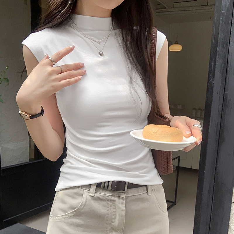 Suxi - Retro Đơn Giản Mùa Hè Mới Cổ Cao Đa Năng Áo Thun Nữ Tay Ngắn Cổ Cao Đa Năng 240504
