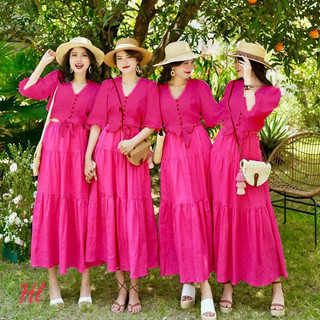 SET ÁO SƠ MI CROPTOP CHÂN VÁY MAXI TƠ ĐŨI CAO CẤP VN