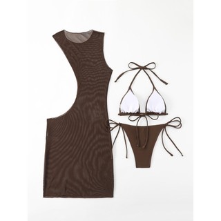 Đồ Bơi Nữ Beep Nâu Sáng Dệt Dây Rỗng Ra Dài Bao Đầm Ba Mảnh Bikini Đồ Bơi Bộ