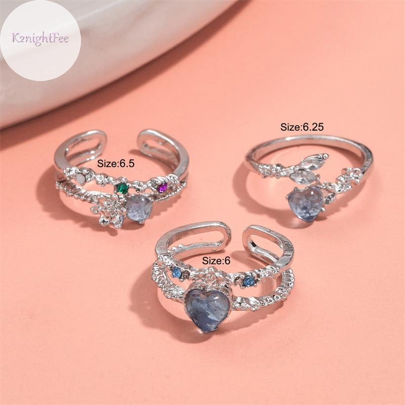 K2nightfee 3 Cái / bộ Nhẫn Trái Tim Opal Màu Xanh Thời Trang Cho Nữ Hoa Mở Nhẫn Đính Đá Ngón Tay Tiệc Cưới Hợp Thời Trang Bé Gái Trang Sức VN