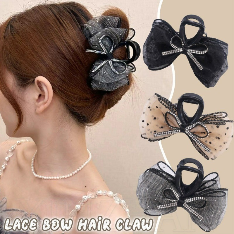​Kẹp cá mập đính kim cương giả Girls Dot Mesh - Móng vuốt tóc bằng nhựa dành cho nữ ​- Thời trang Hàn Quốc Vintage Elegant - Kẹp tóc nơ ren sáng bóng cho nữ - Phụ kiện tóc phổ biến - Giá đỡ đuôi ngựa