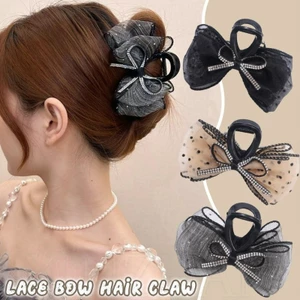 ​Kẹp cá mập đính kim cương giả Girls Dot Mesh - Móng vuốt tóc bằng nhựa dành cho nữ ​- Thời trang Hàn Quốc Vintage Elegant - Kẹp tóc nơ ren sáng bóng cho nữ - Phụ kiện tóc phổ biến - Giá đỡ đuôi ngựa