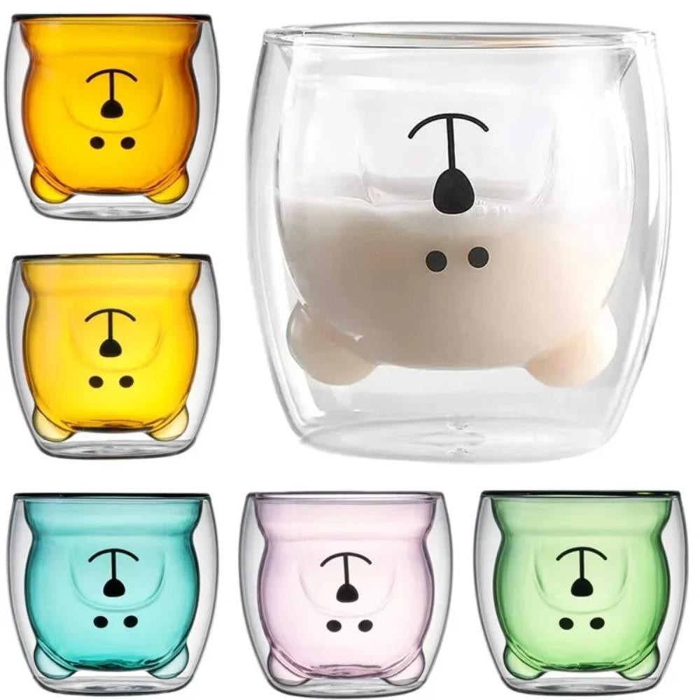 Cốc cà phê thủy tinh UMISTY, Cốc nước hình gấu hoạt hình 250ml, Tường đôi dễ thương trong suốt có tay cầm Cốc ăn sáng Văn phòng tại nhà