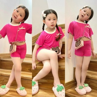 S124-  Set bộ áo thun Croptop phối quần leggin đùi cho bé iu Cotton Vải Gân Cotton - Size 8-30Kg