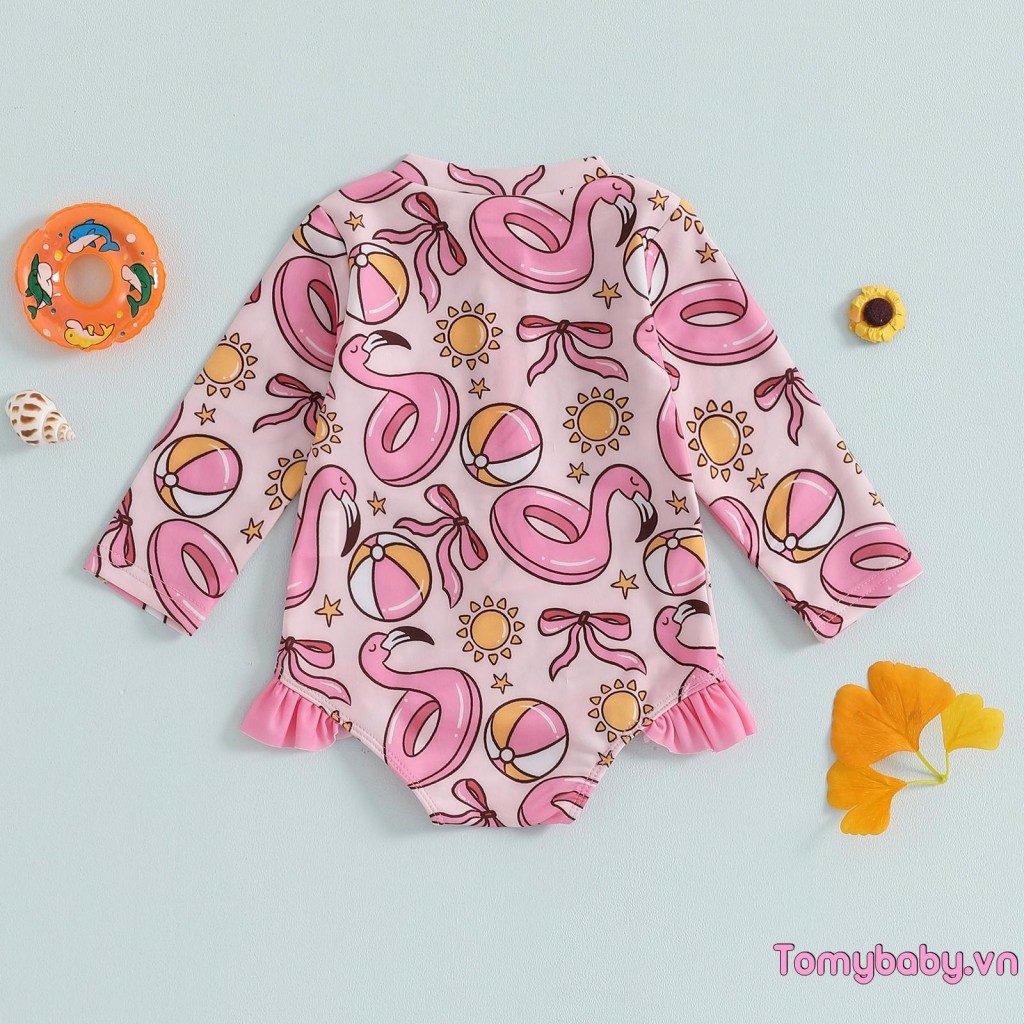 Bộ đồ bơi xếp nếp cho bé gái mới biết đi Họa tiết nơ dễ thương Tay dài Dây kéo Rash Guard Bộ đồ tắm