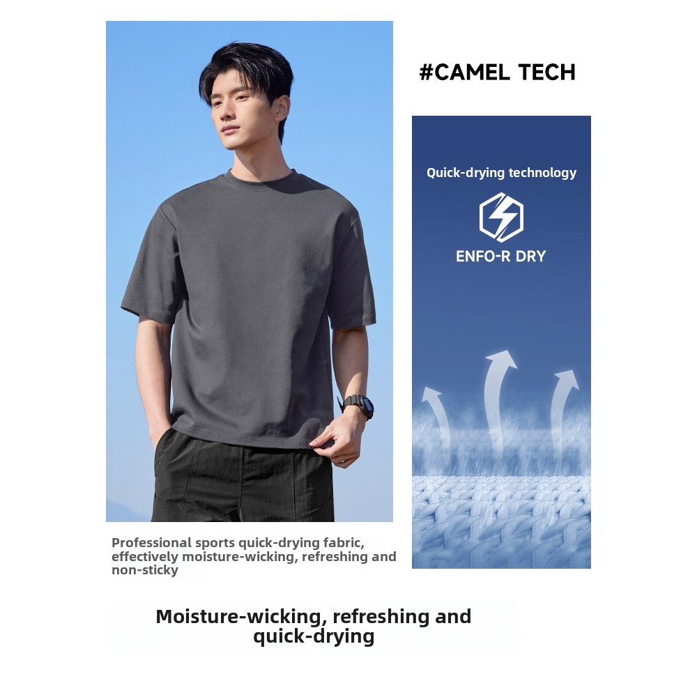 Ảnh Camel CROWN Áo Thun Thể Thao Unisex Cổ Tròn Rời Chạy Thoáng Khí Thường Nhanh Khô Tay Ngắn 2