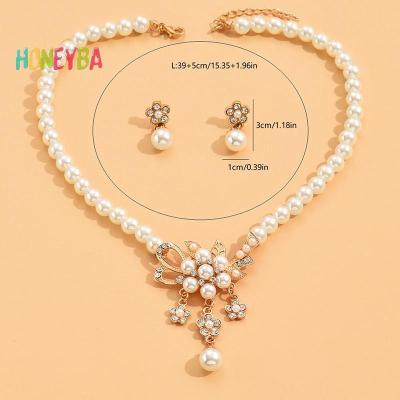 < Honeyba > 1 Bộ Vòng Cổ Nữ Đính Hạt Bóng Ngọc Trai Giả Kim Cương Giả Nhúng Vòng Cổ Hoa Bông Tai Bộ