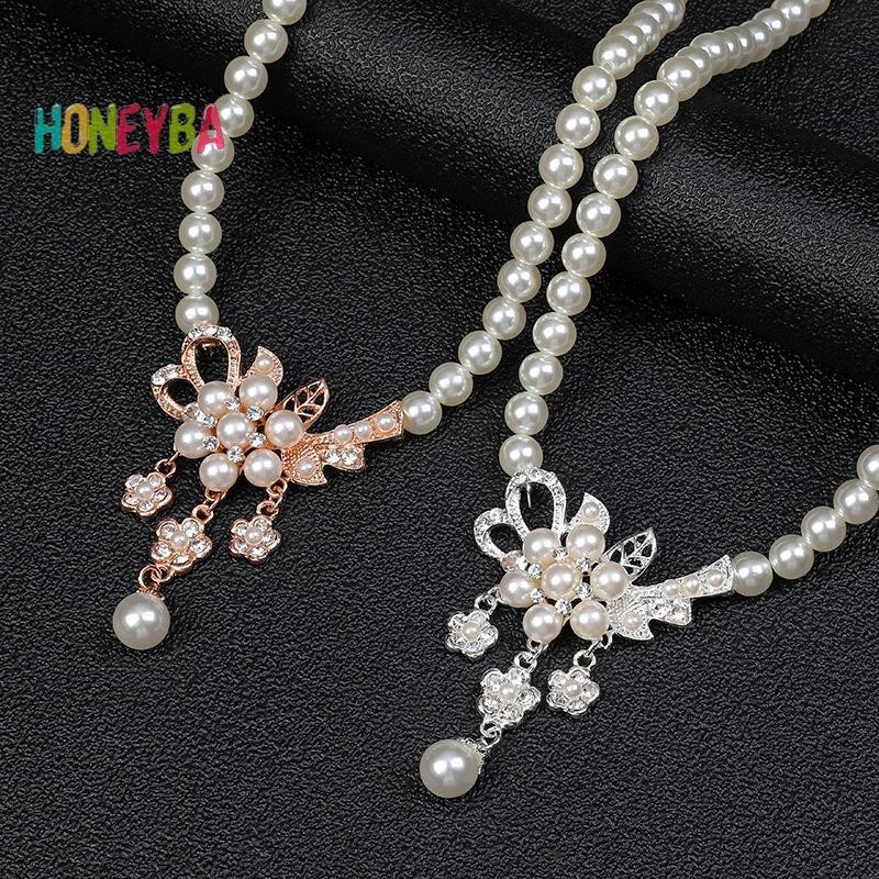 < Honeyba > 1 Bộ Vòng Cổ Nữ Đính Hạt Bóng Ngọc Trai Giả Kim Cương Giả Nhúng Vòng Cổ Hoa Bông Tai Bộ