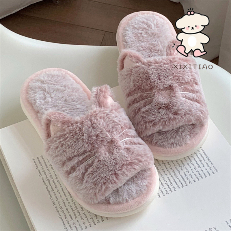 Xixitiao Dép Nữ Hoạt Hình Dễ Thương Ấm Áp Đế Mềm Mèo Con Nhà Trong Nhà