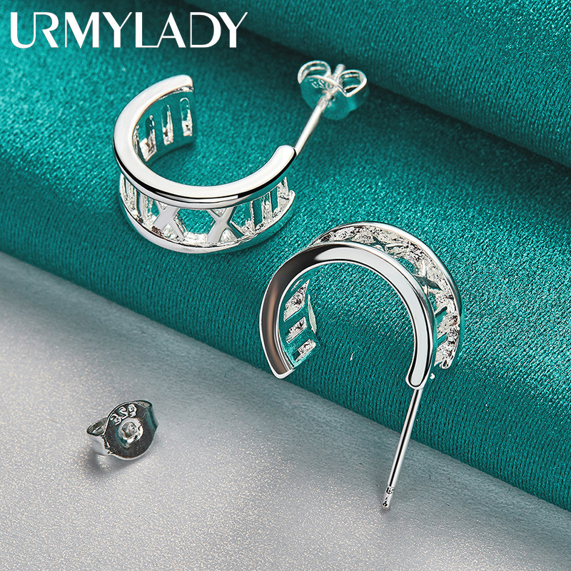 URMYLADY Bạc 925 Hình Bán Nguyệt La Mã Số Bông Tai Dành Cho Nữ Thời Trang Charm Stud Trang Sức