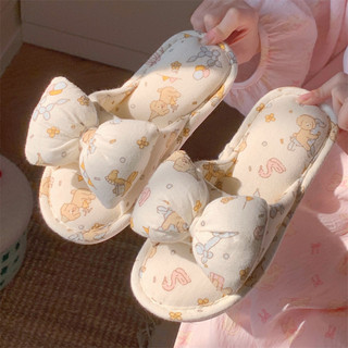 Xixitiao Nơ Dễ Thương Dép Đi Trong Nhà Gấu Vải Lanh Cotton Hút Mồ Hôi Thoáng Khí