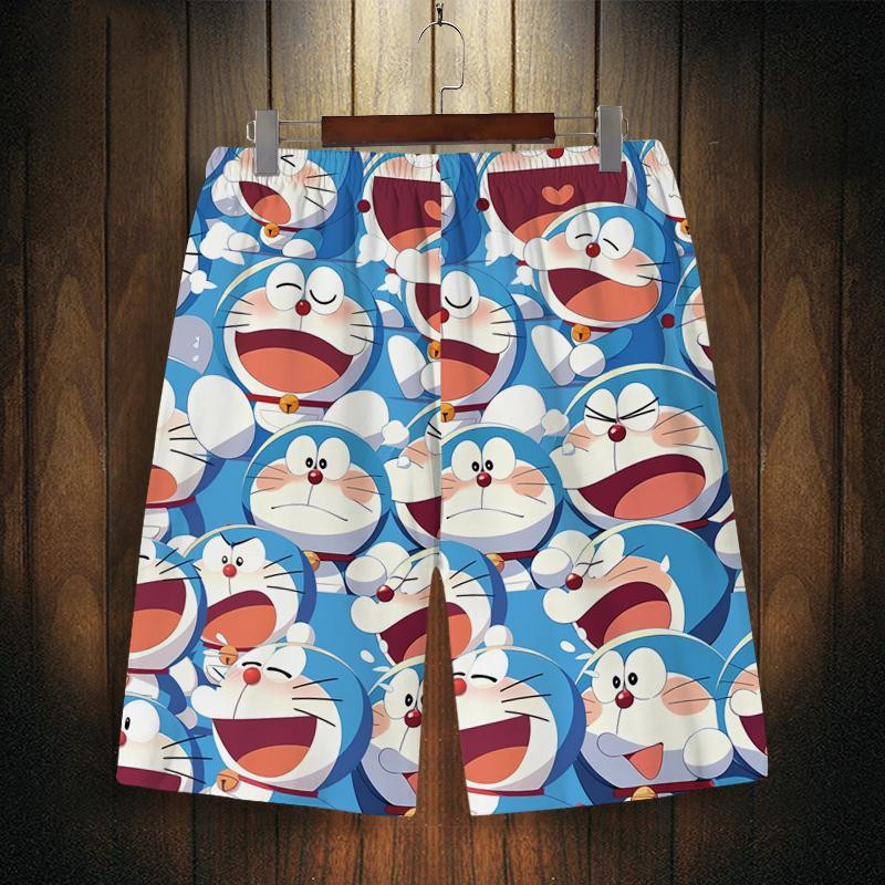 Quần short Doraemon mùa hè rộng rãi, kích thước lớn, nhanh khô, thoáng khí, quần bãi biển in hoa hoạt hình, quần bãi biển thoải mái