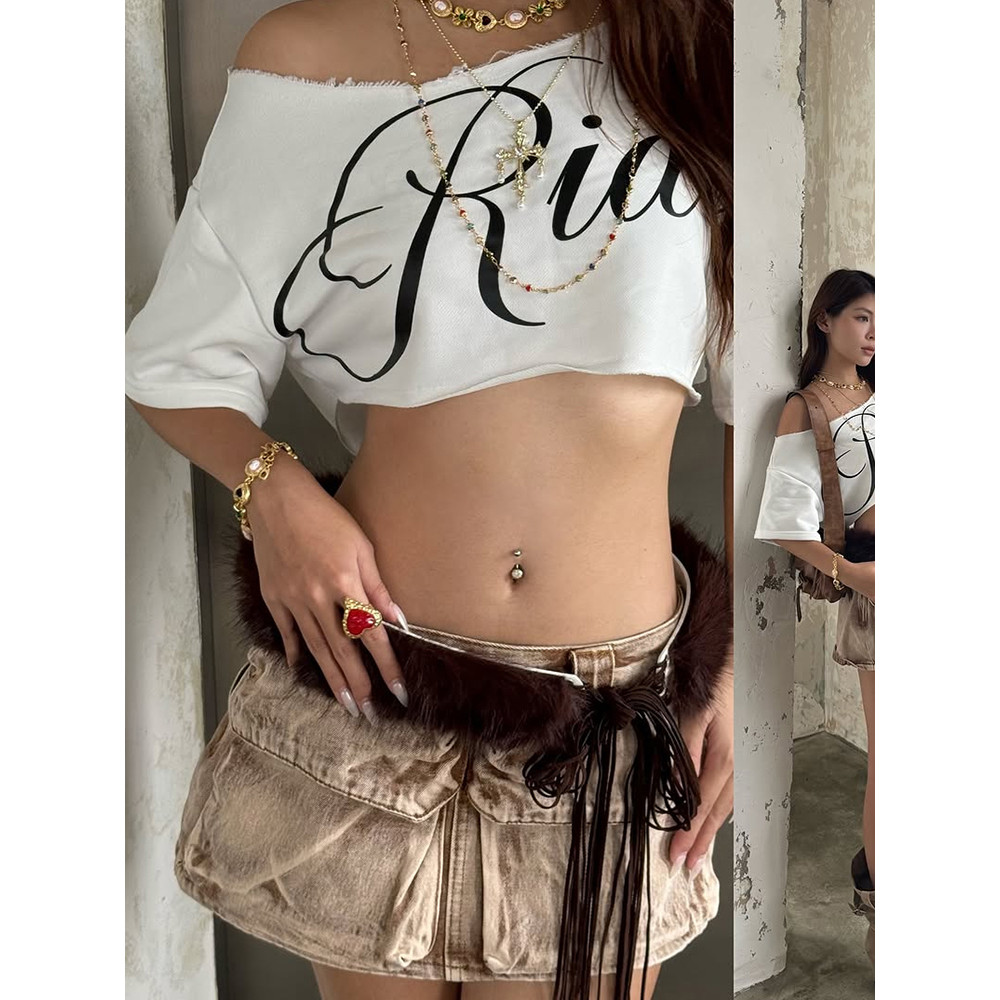 Klalien In Chữ Crop Top Nữ Xu Hướng Mùa Hè Hoang Dã Cổ Xu Hướng Phố Skinny Đơn Giản Cổ Điển Dạo Phố Mềm Hàng Ngày